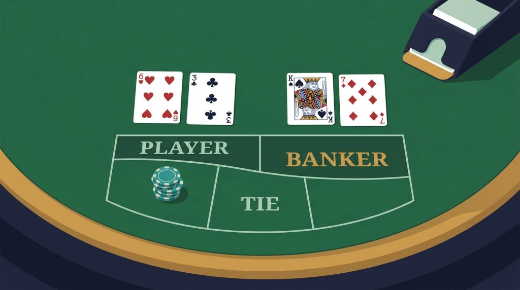 Online baccarat betting layout with Player, Banker and Tie boxes, chips on Player, and a dealt hand of 6-3 for Player against King-7 for Banker