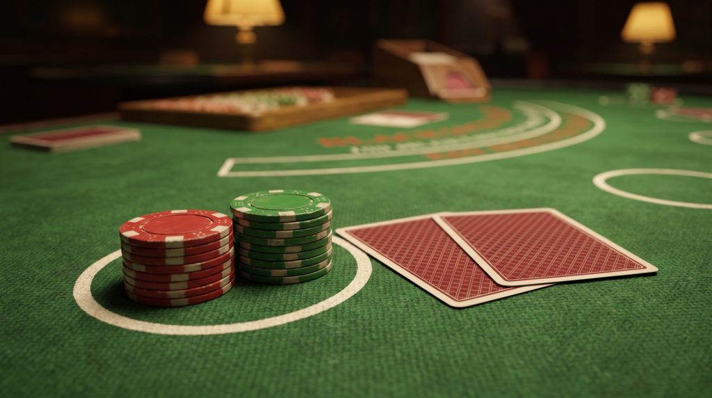 A green baize blackjack table photographed from the player seat: a stack of red chips and a stack of green chips inside a white betting circle, with two face-down playing cards beside them and the dealer arc out of focus behind