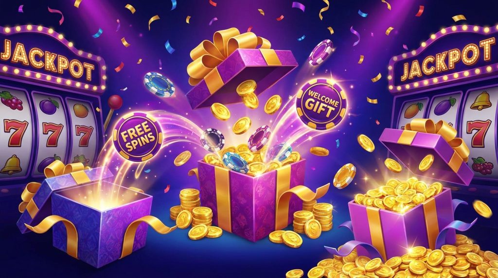 Online casino bonuses hub illustration: gift boxes bursting with gold coins, a glowing welcome-gift ribbon, casino chips, free-spin reels and confetti