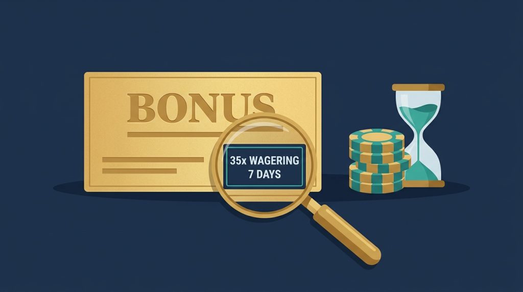 Magnifying glass over the fine print of a casino bonus voucher, showing a 35x wagering requirement and a 7-day expiry beside chips and an hourglass