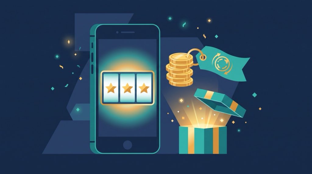 No deposit casino bonus illustration: a phone showing three matching slot symbols beside a stack of gold coins with a free-spins ribbon and an opening gift box