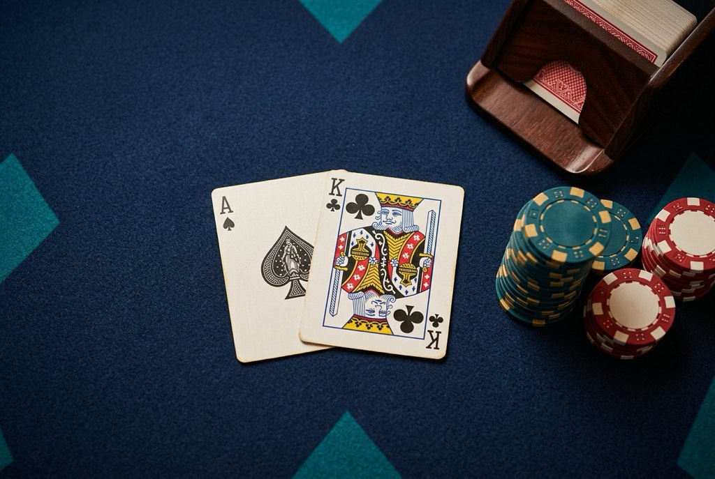 Illustration of online Blackjack with an Ace and King forming a natural 21 and casino chips