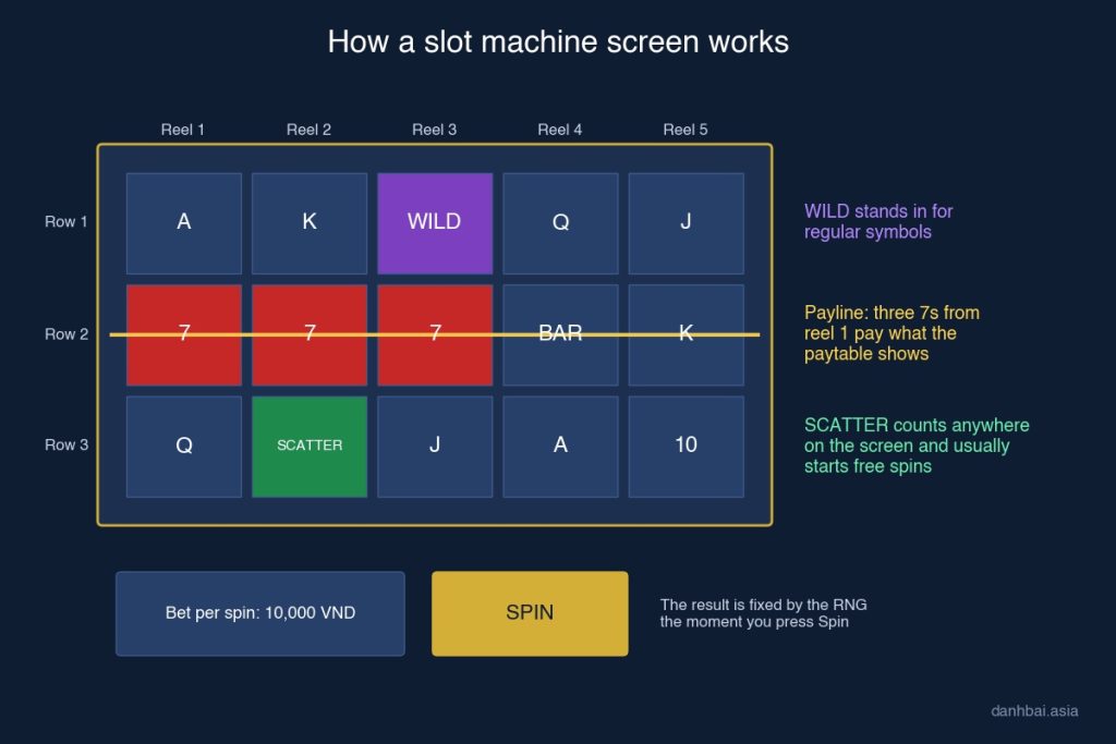 Diagram of a 5-reel, 3-row slot screen: a payline of three 7s from reel 1, a wild symbol, a scatter symbol, the bet per spin and the Spin button