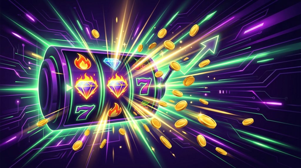 911WIN online casino review illustration: slot reels hitting a jackpot with gold coins and light rays bursting outward on a purple and green background