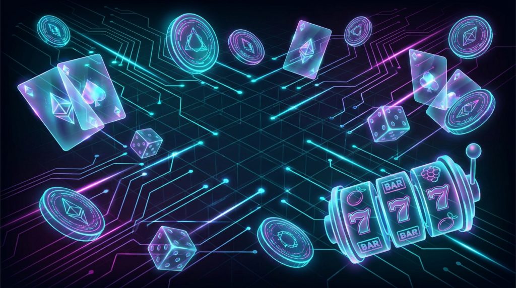 BC.Game crypto online casino review illustration: glowing crypto tokens floating among playing cards, dice and slot symbols over a neon circuit-board background