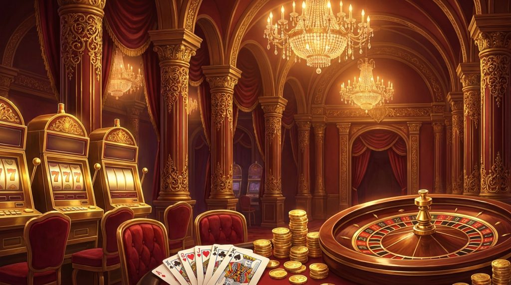 Empire777 online casino review illustration: an opulent gold and red imperial casino hall with slot machines, a roulette wheel, gold coins and playing cards