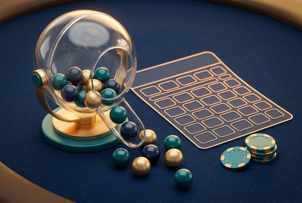 Illustration of online Keno with lottery balls, a ticket grid and casino chips