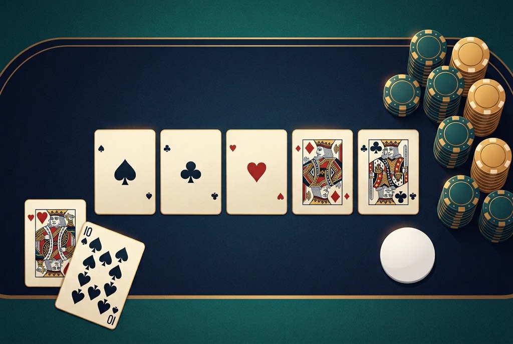 Illustration of online Poker with community cards and casino chips on the felt