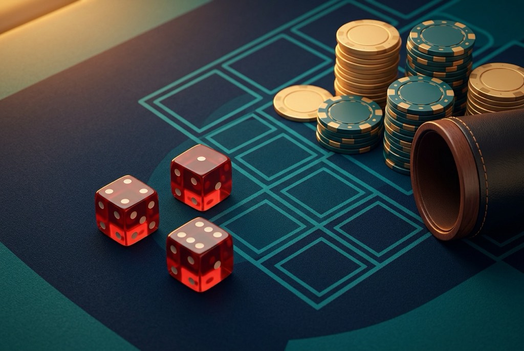 Illustration of Sic Bo with three dice, a betting grid and casino chips