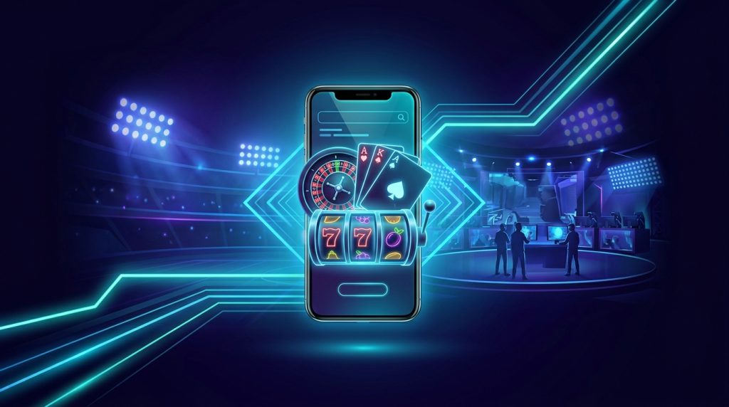 Jun88 online casino review illustration: a smartphone showing a casino lobby with roulette, cards and slot reels, with sportsbook and e-sports lights behind it in electric blue