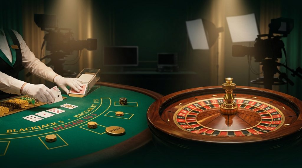Live Casino House review illustration: a live-dealer studio with a dealer's hands dealing cards over a green table and a spinning roulette wheel under studio spotlights