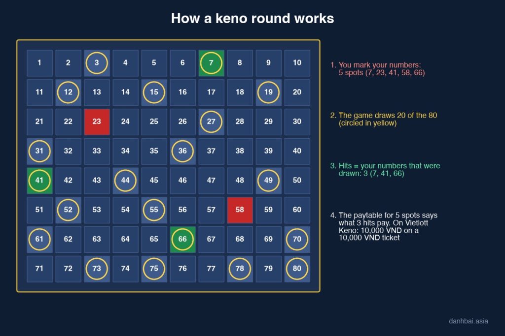 Keno board of 80 numbers showing a 5-spot ticket, the 20 numbers drawn and the 3 hits