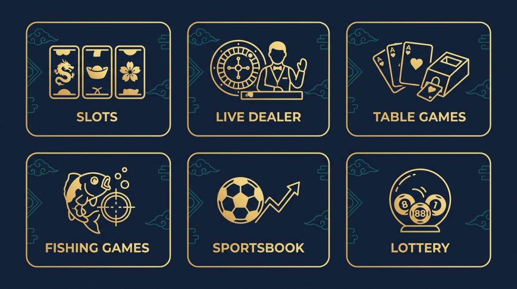 The six game categories at Jun88: slots, live dealer, table games, fishing games, sportsbook and lottery