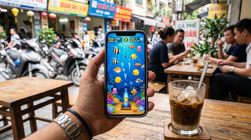 A phone showing a fish-shooting arcade game over a café table in Vietnam