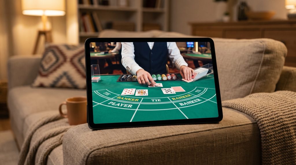 A tablet streaming a live-dealer baccarat table in a living room