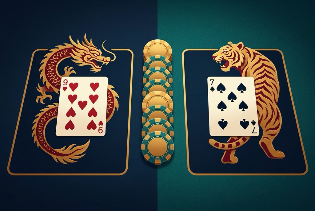 Illustration of Dragon Tiger with the Dragon and Tiger card zones and casino chips