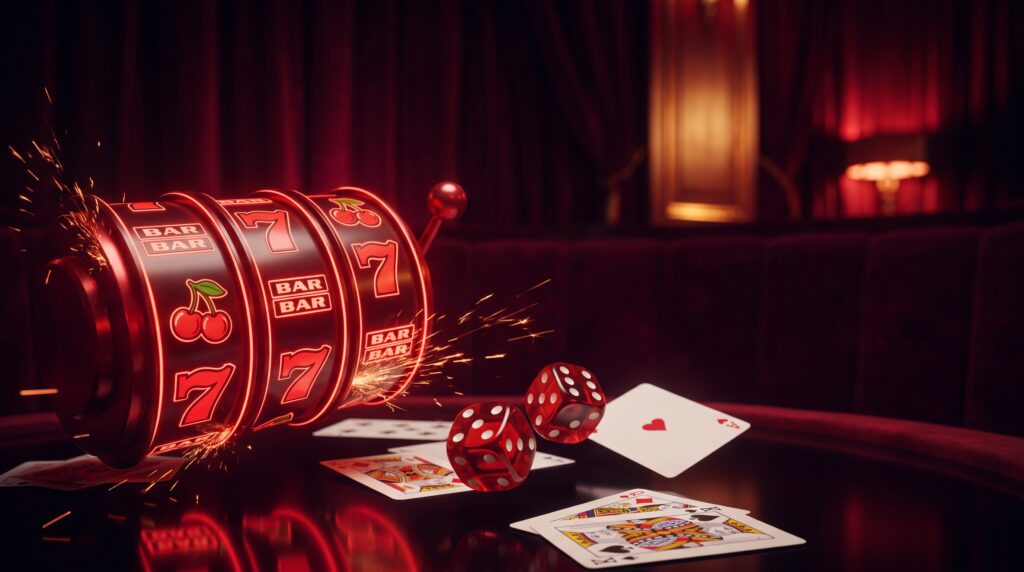 Online casino review illustration with glowing red slot reels, red dice and playing cards on a dark background