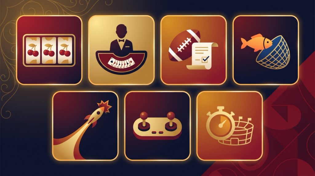 Seven icon tiles for HappyLuke lobbies: slots, live casino, sports, fishing, crash, arcade and eSports, and virtual sports