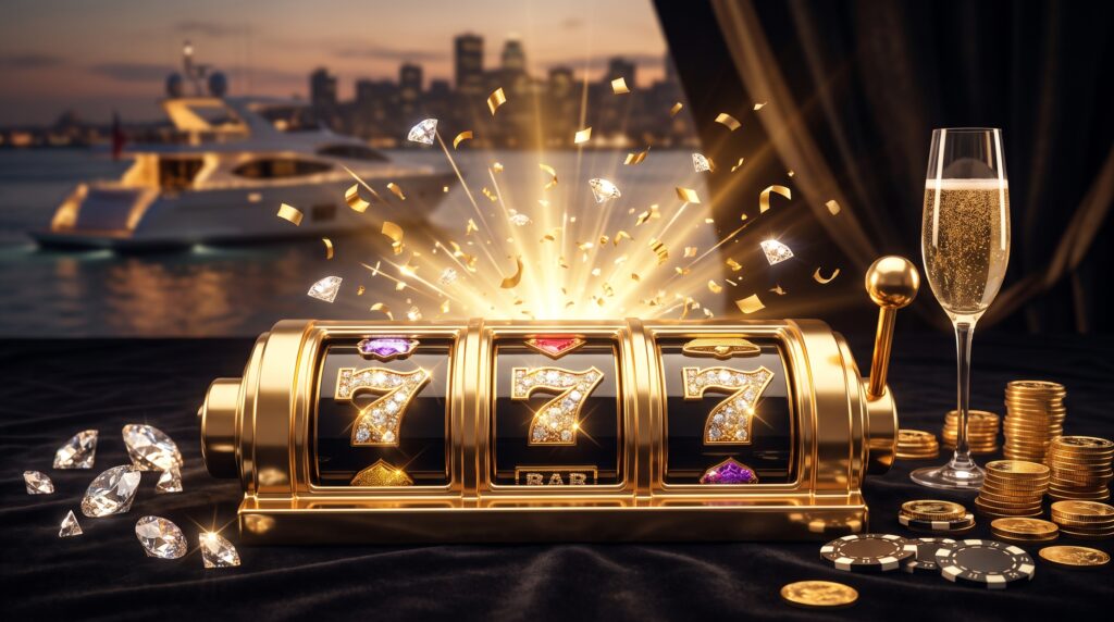 Mega Fortune online slot review illustration with golden reels, a jackpot burst, diamonds and champagne