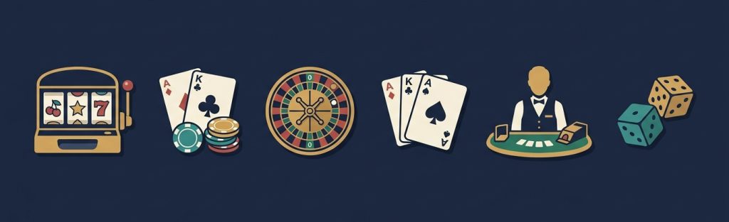 Icons of six widely played online casino games: slot machine, poker cards with chips, roulette wheel, blackjack hand, live-dealer table and dice