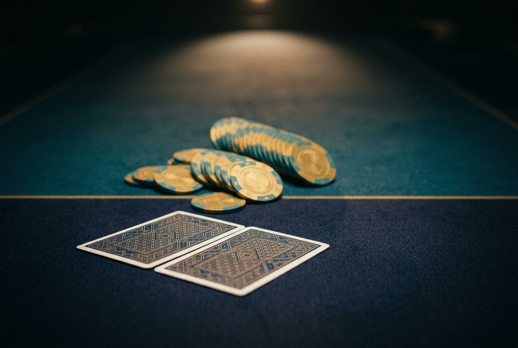 Poker playing techniques: two face-down cards beside a bet of casino chips pushed forward
