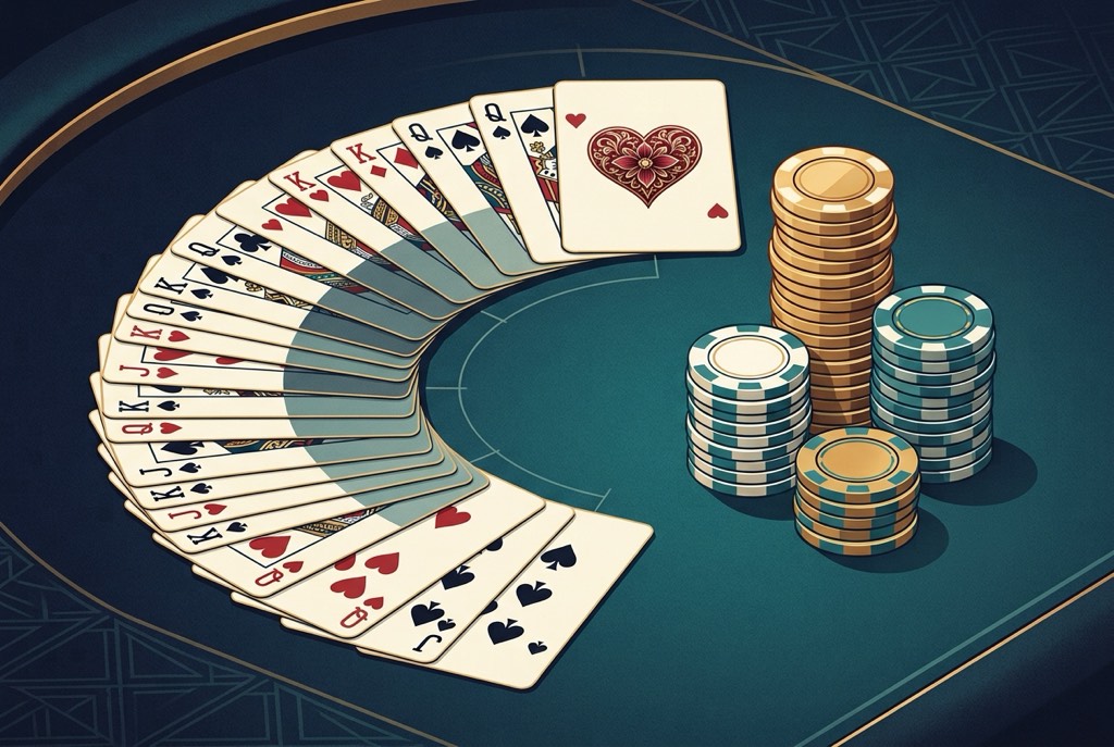 Poker hand ranges and pot odds shown with a fan of playing cards and chip stacks