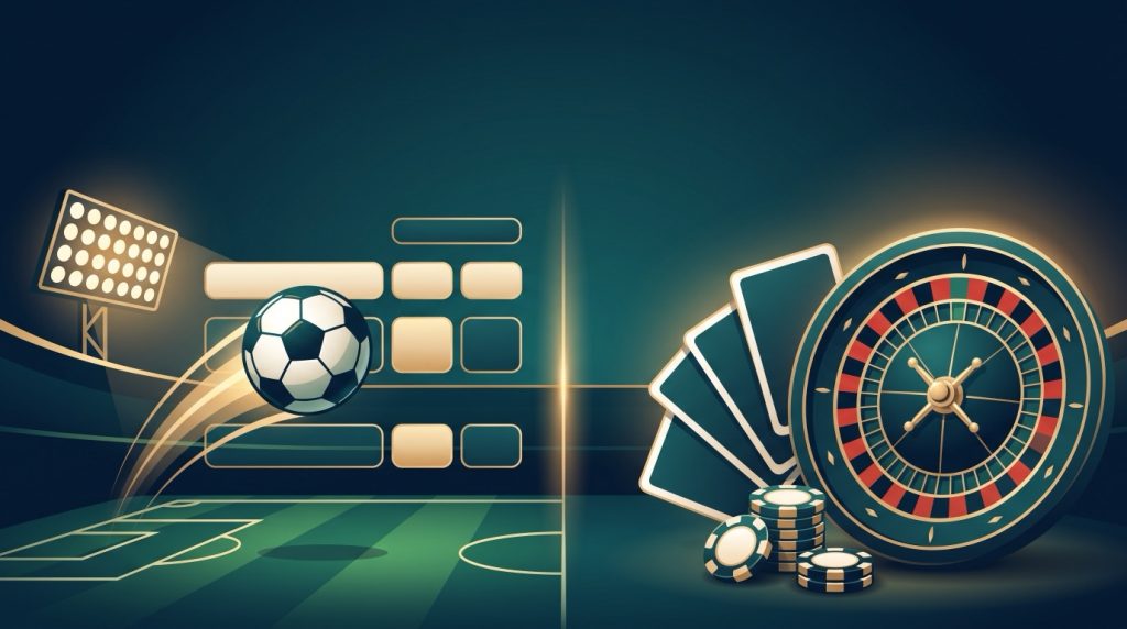 20Bet review illustration: a football pitch with floodlights on one side and a roulette wheel, cards and chips on the other