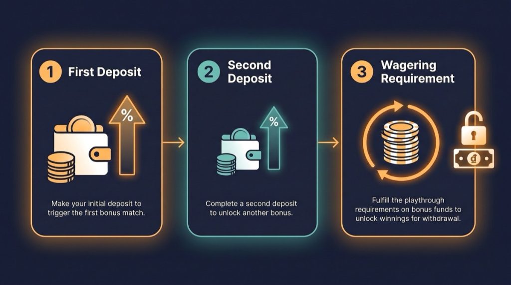 Diagram of a two-part welcome bonus: first deposit match, second deposit match, then the wagering requirement that unlocks withdrawals
