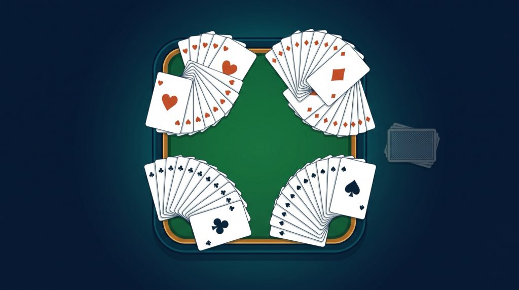 Four equal fans of playing cards around a table with a small stack of leftover cards set aside