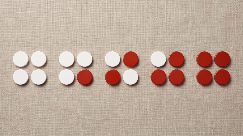 Five groups of four xoc dia discs in a row showing every possible result: four white, three white and one red, two of each, one white and three red, and four red.