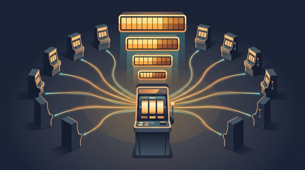 Diagram of many slot machines feeding one shared progressive jackpot pool