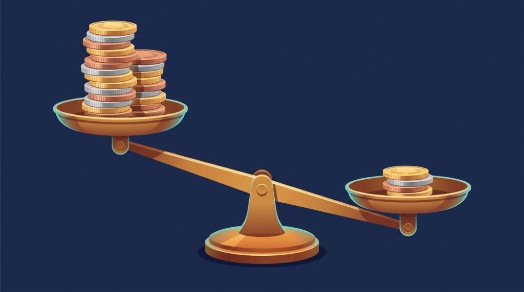 Comparing jackpot prizes across currencies Balance scale where the smaller stack of coins outweighs the taller stack