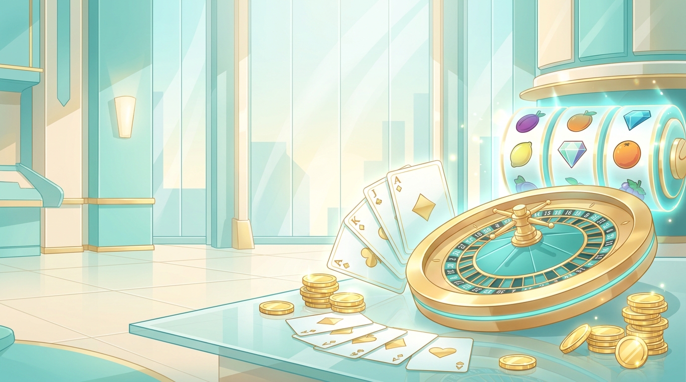 Casino Days review: a bright casino lobby with a roulette wheel, slot reels, cards and gold coins