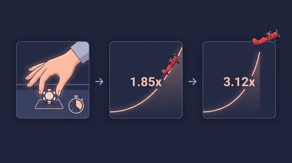 The three stages of an Aviator round: place a bet, the multiplier climbs, the plane flies away