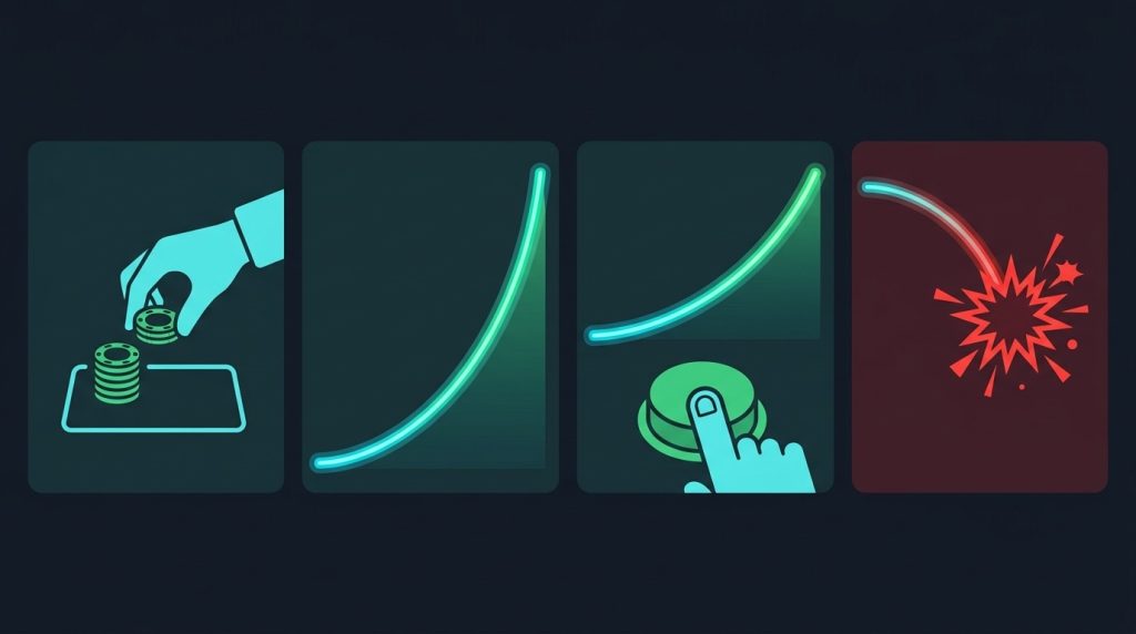 The four steps of a crash game round: bet, multiplier climbs, cash out, crash