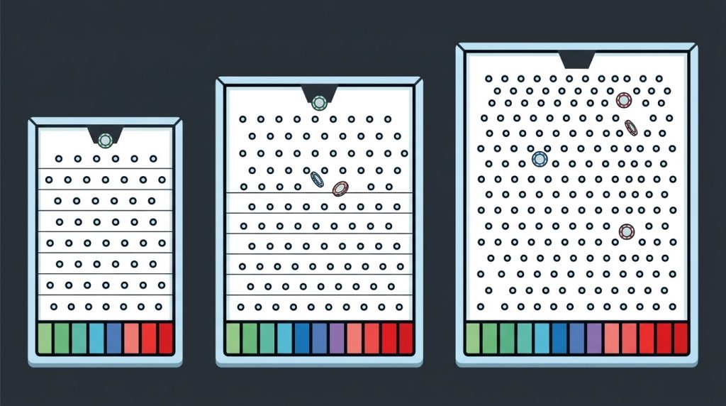 Three Plinko boards with different numbers of peg rows