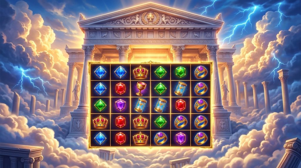 Gates of Olympus slot illustration: a Greek temple gateway above the clouds, lightning and a 6x5 grid of gems, crowns and goblets
