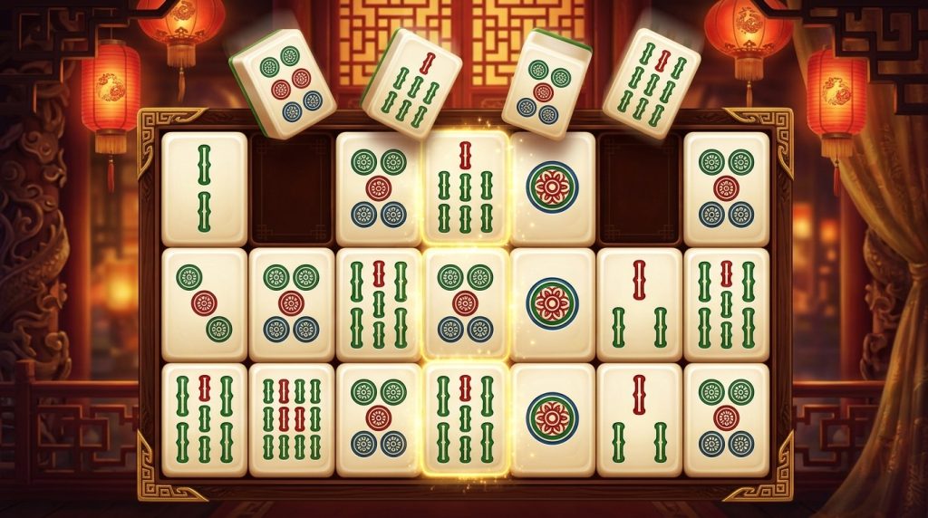 Mahjong Ways slot illustration: mahjong tiles in a 5x4 grid with red lanterns and a gold lattice background