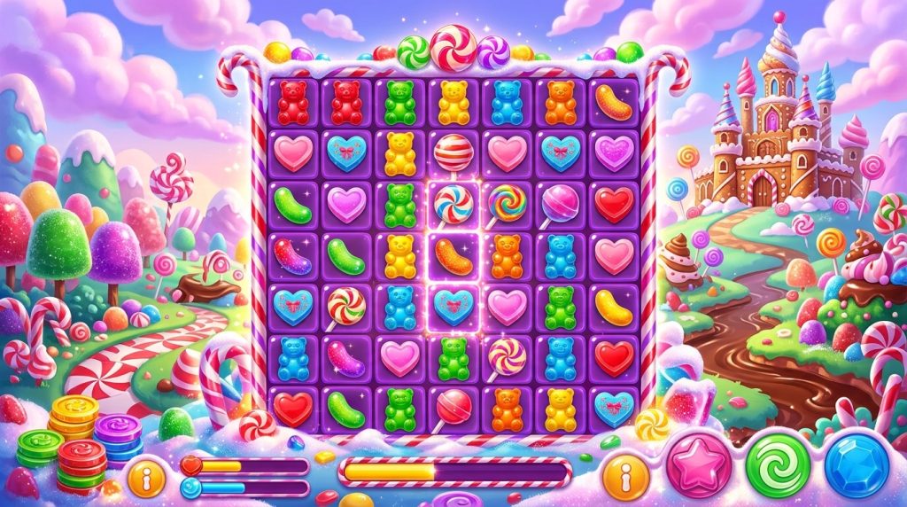 Sugar Rush slot illustration: a 7x7 grid of gummy bears, jellybeans and sweets in a candy land