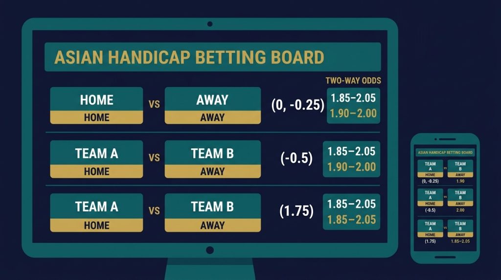 Illustration of an Asian handicap betting board: three fixtures with 0, -0.25, -0.5 and 1.75 lines and two-way prices around 1.85-2.05
