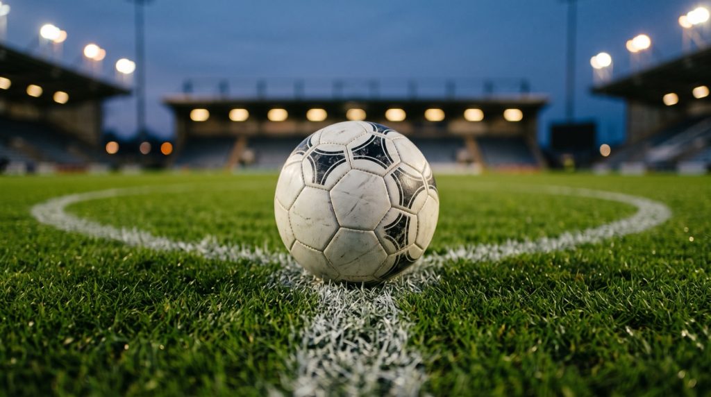 A football resting on the centre spot of a floodlit pitch