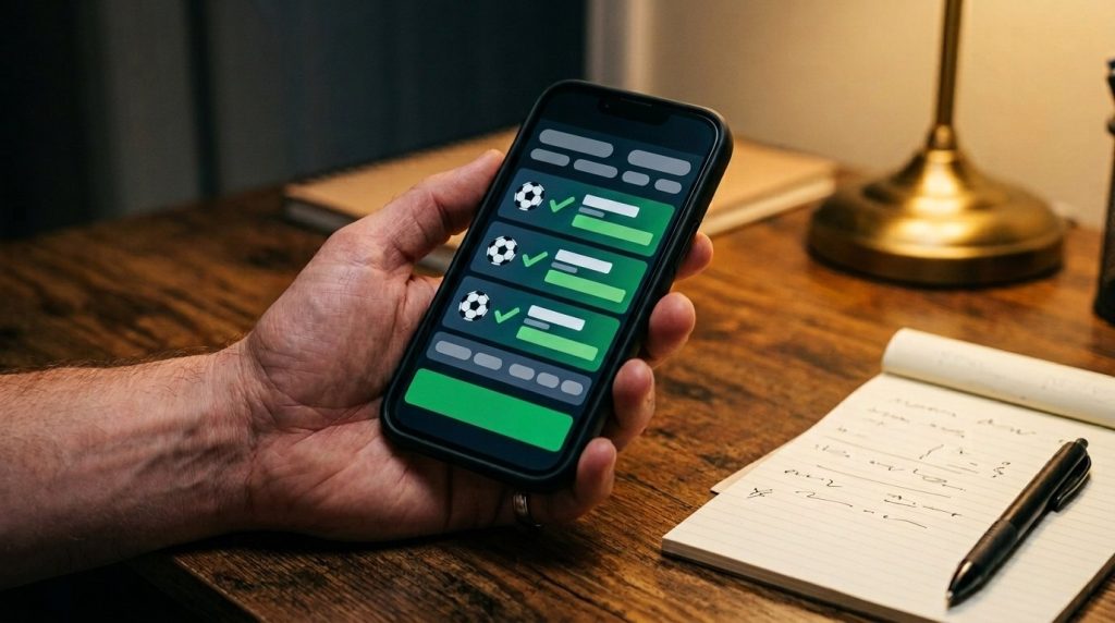 A phone showing a three-selection accumulator bet slip
