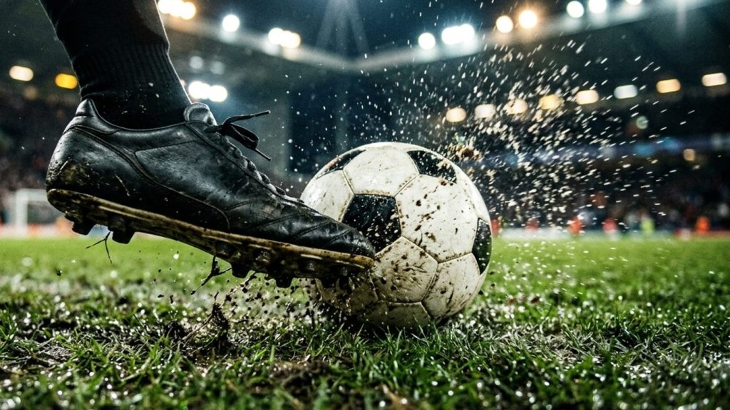 A football boot striking a ball on wet grass under stadium lights