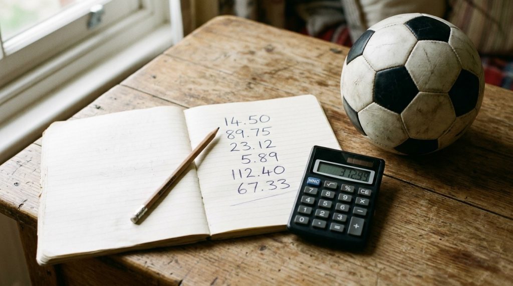 A calculator, pencil and notebook of handwritten numbers beside a football on a wooden table