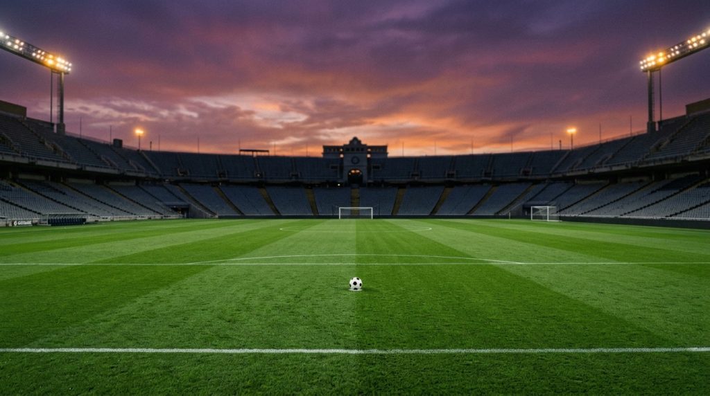 A football on the centre spot of an empty pitch at dusk as the floodlights come on