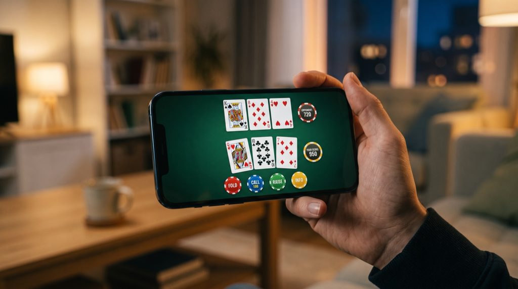 A phone showing an online three-card game with two hands and a points total beside each