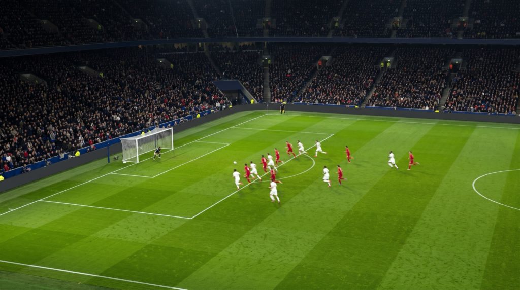 Players in red and white chasing the ball toward goal during a floodlit match