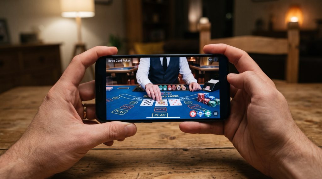 A phone streaming a live three card poker table, the casino game closest to lieng