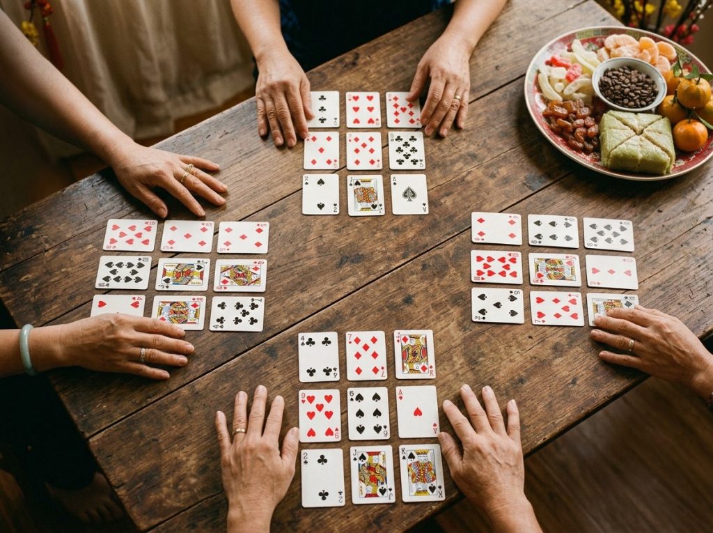 Four players comparing their front, middle and back hands at a card table