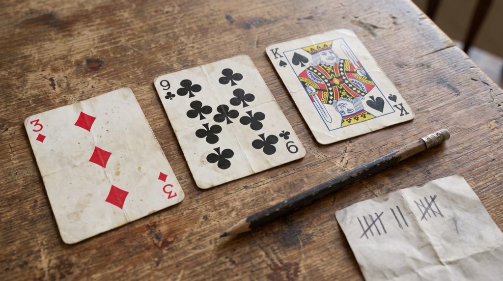 Three unmatched cards left at the end of a phom round: three of diamonds, nine of clubs and king of spades, worth 25 points